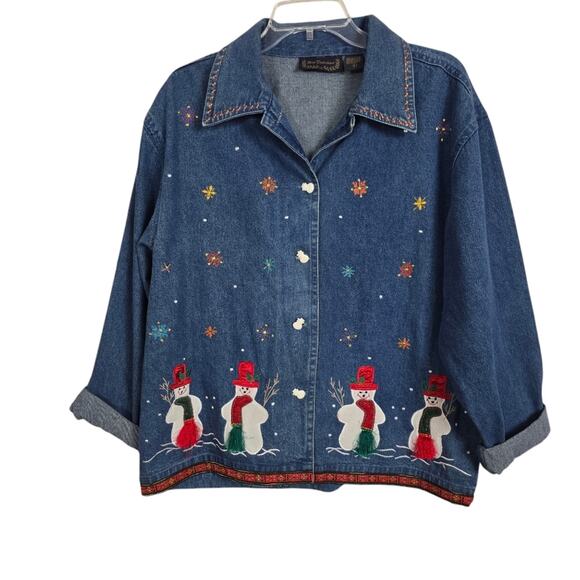 new directions Tops - New Directions Blue Denim  Jacket Shirt Snowman Shacket Christmas Embroidery L